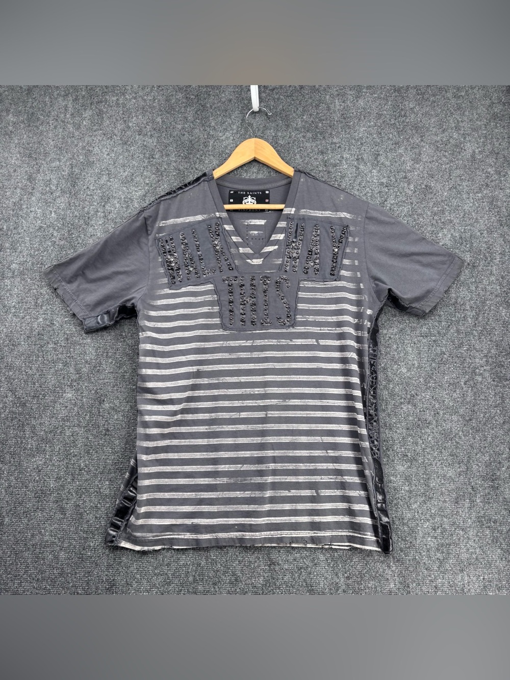 The Saints Sinphony Gray Distressed Striped Streetwear Grunge V Neck T Shirt XL